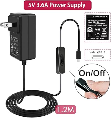 (image for) 18W 5V 3.6A Power Supply for Raspberry Pi 4/Orange Pi 5&5B, Type C with ON/Off Switch and Micro USB